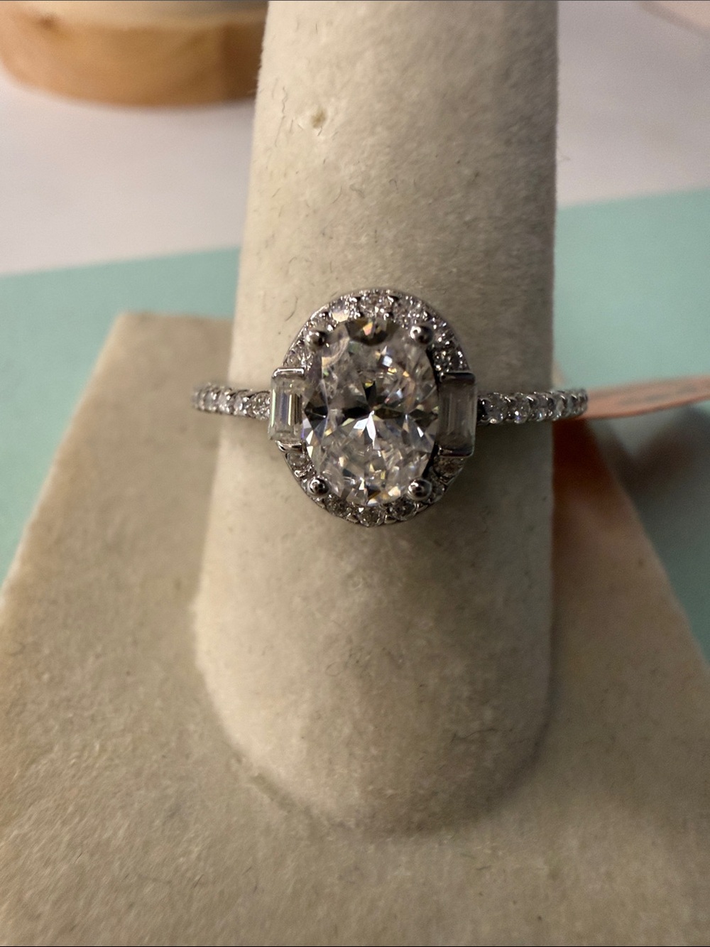 Sterling Silver Classic Moissanite Oval Halo Engagement Ring MSRP $600